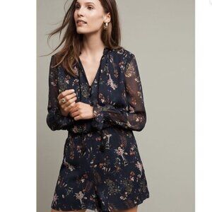 Anthropologie Elevenses Navy Floral Print Romper Long Sleeve Ruffle Neck Size L